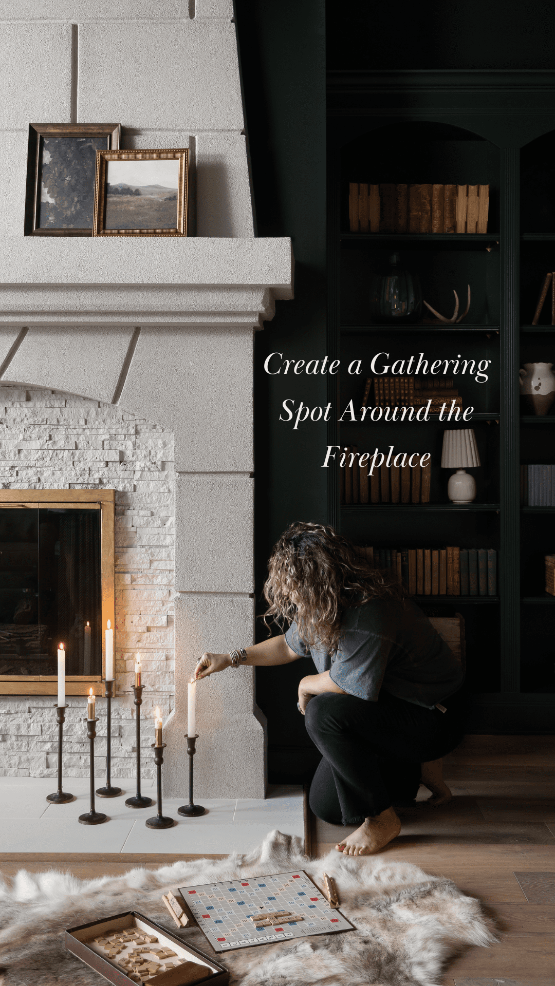 A biophilic-inspired gathering spot by the fireplace, featuring candlelight, a cozy rug, and natural materials. Ideal for family gatherings and holiday relaxation